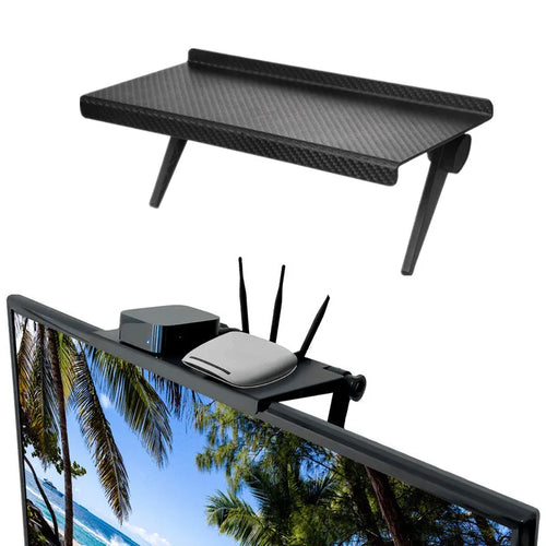 Tablette noire avec appuis réglables, présentée seule et au-dessus d’un écran avec des accessoires.